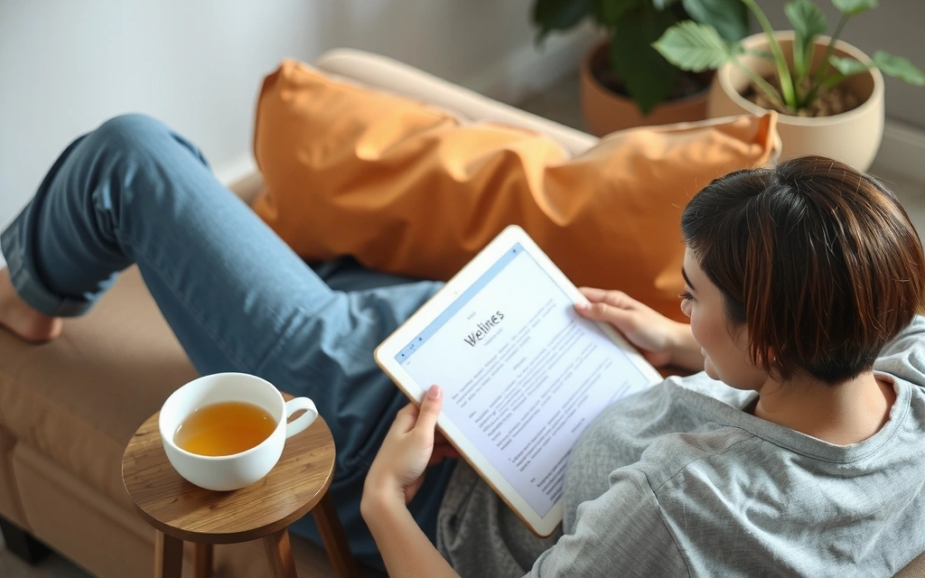 Persona leyendo un artículo sobre bienestar en una tablet con una taza de té.